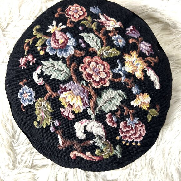Lilian Vernon Vintage Needlepoint Round Pillow Fox Bird Floral Wool - Picture 1 of 5
